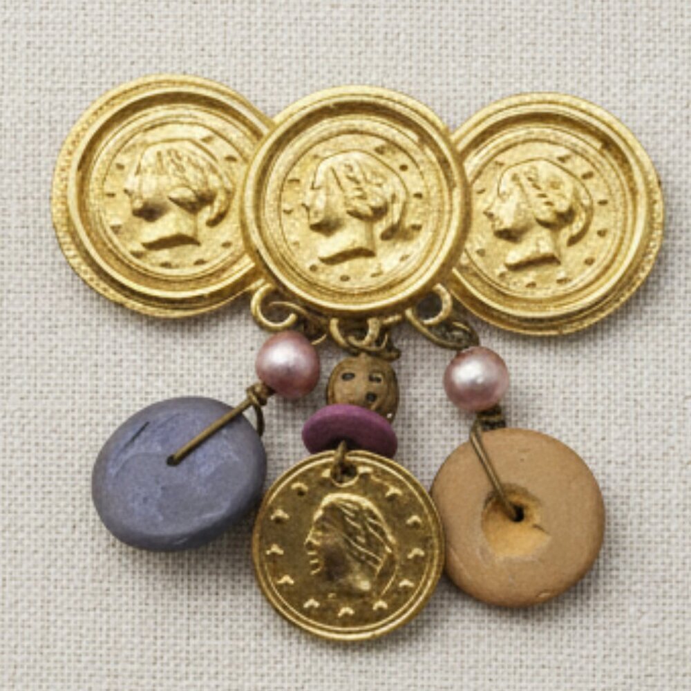 "Triumvirate" Medallion Brooch - Antiqued Gold & Artful Dangles